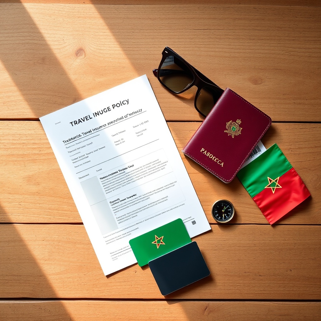 Flat lay of travel documents including a Moroccan passport, insurance policy, and boarding pass, representing the best travel insurance for Moroccans planning international trips.
