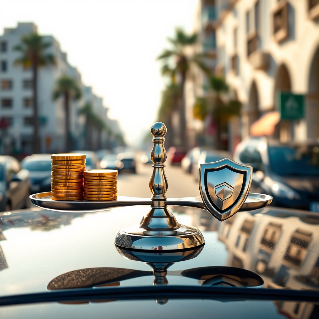 Balance scale comparing cost and coverage for assurance auto tiers vs tous risques maroc, with coins and a car key on a Moroccan street