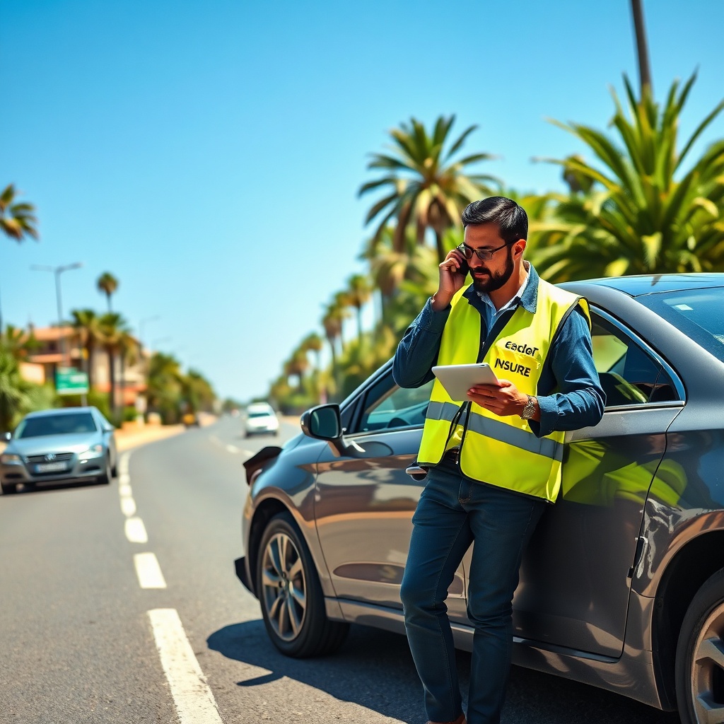 A claims adjuster assisting a driver after a car accident in Morocco, illustrating the importance of fast and fair indemnification when selecting the meilleure assurance tous risques maroc.