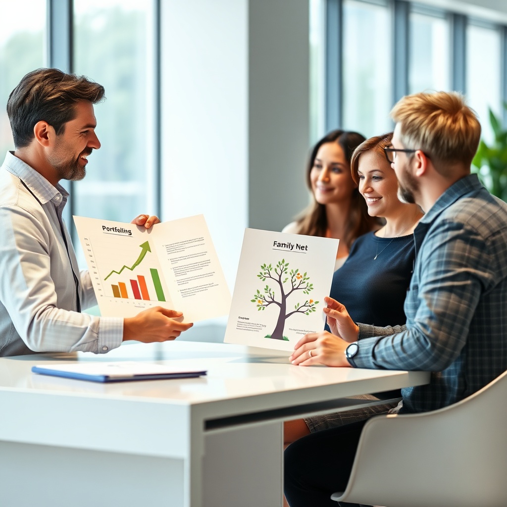 Advisor explaining the difference between assurance vie and assurance décès to a couple, with visual representations of savings and coverage